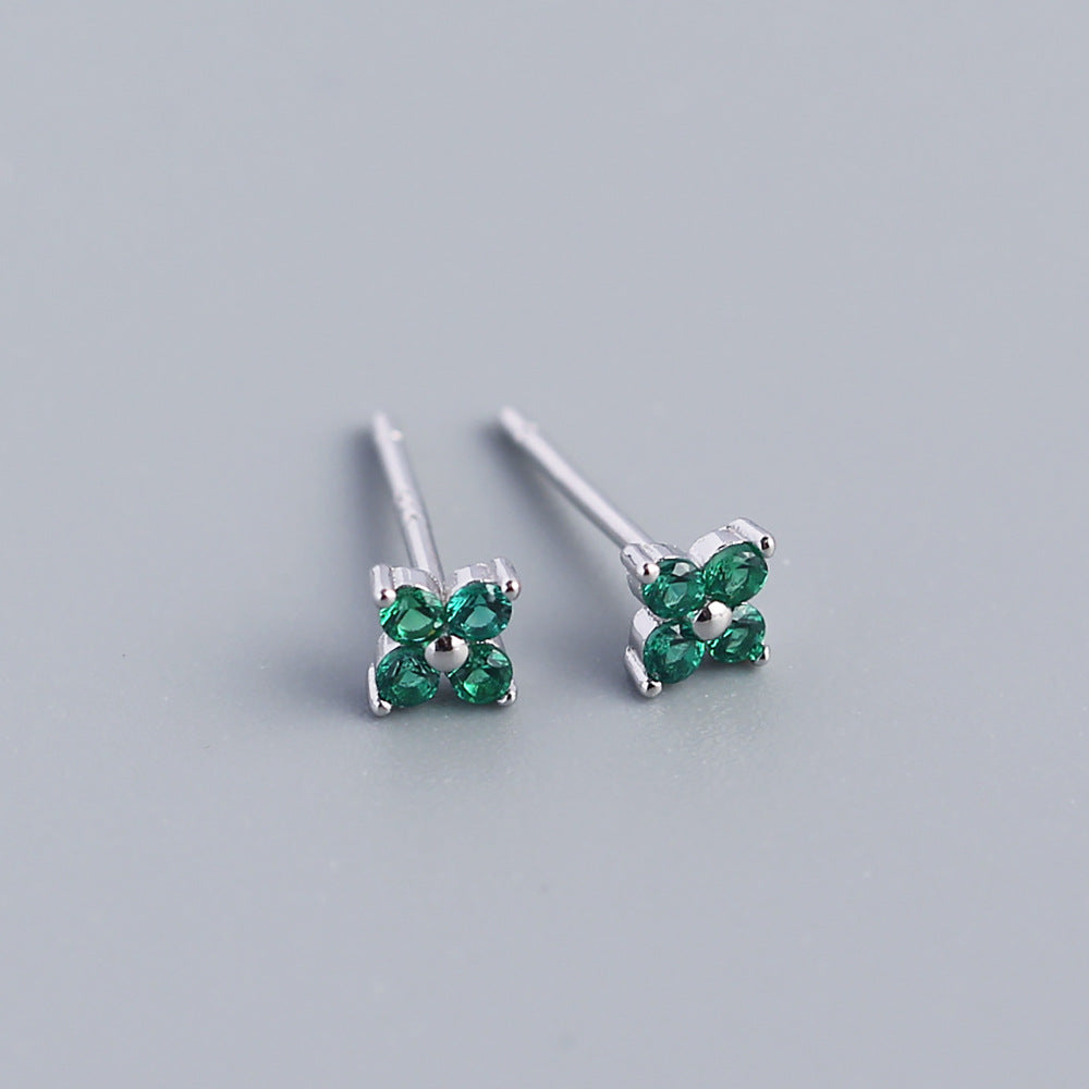 Wholesale Simple Diamond S925 Silver Four-leaf Flower Sweet Small Colorful Flower Earrings